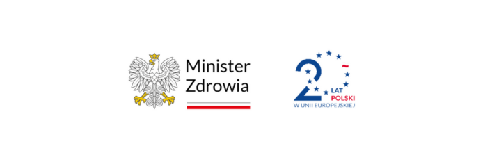 Logo Ministerstwa Zdrowia z białym orłem na czerwonym tle po lewej stronie i logo obchodów 2 lat Polski w Unii Europejskiej po prawej.