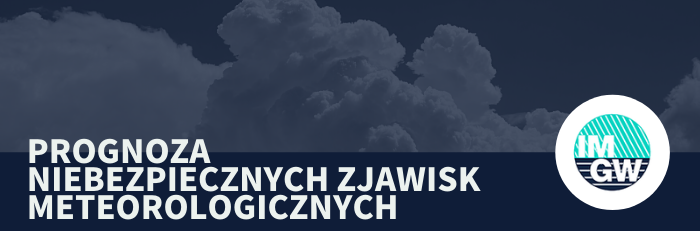 logo imgw, napis prognoza niebezpiecznych zjawisk meteorologicznych, w tle chmury