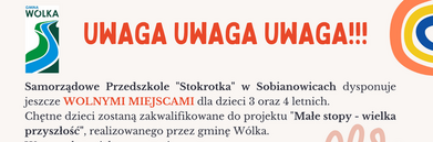 Plakat informacyjny ogłaszający otwarcie przedszkola "Stokrotka" z różnokolorowym tekstem i grafikami, w tym uśmiechniętą słońcem i numerem telefonu.