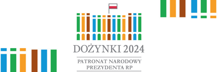 Baner z napisem "Dożynki 2024", flagą Polski i geometrycznymi wzorami przypominającymi kłosy zboża w kolorach zieleni, żółci i niebieskiego.