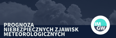 logo imgw, napis prognoza niebezpiecznych zjawisk meteorologicznych, w tle chmury