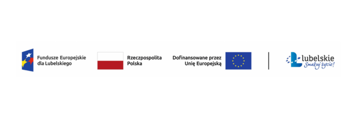 Na zdjęciu znajdują się logotypy czterech instytucji lub programów: Funduszu Europejskiego, rządowego programu polskiego, programu finansowanego przez Unię Europejską, oraz logotyp regionu Lubelskiego w Polsce.