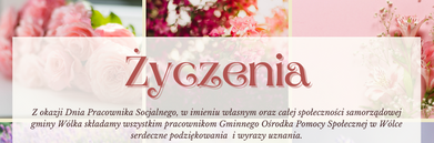 Grafika z życzeniami z okazji Dnia Pracownika Socjalnego z różowymi i białymi kwiatami w tle oraz tekstami w różnych czcionkach, zawierającymi podziękowania i życzenia.