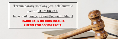 Zdjęcie przedstawia ulotkę informacyjną z tekstem w języku polskim, młotkiem sędziowskim na pierwszym planie i czerwonym tłem w górnej części obrazu.