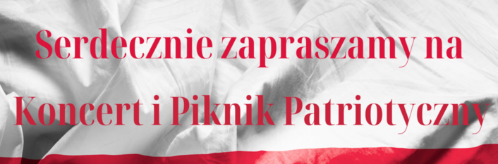 Plakat zapowiadający wydarzenie "Koncert i Piknik Parafialny - Niepodległa w Sercu" z datą, miejscem i harmonogramem, wyróżniającym czerwonym i białym kolorem oraz grafiką serca.