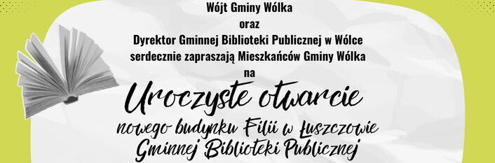 Plakat zapraszający na obchody urodzin Biblioteki Publicznej w Gminie Wólka z wydarzeniami, takimi jak spotkania autorskie i koncerty, na zielono-żółtym tle z grafiką sowy.