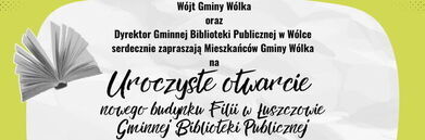 Plakat zapraszający na obchody urodzin Biblioteki Publicznej w Gminie Wólka z wydarzeniami, takimi jak spotkania autorskie i koncerty, na zielono-żółtym tle z grafiką sowy.