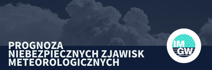 logo imgw, napis prognoza niebezpiecznych zjawisk meteorologicznych, w tle chmury