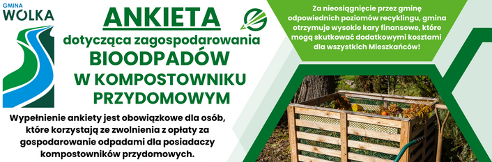 Plakat promujący ankietę o gospodarowaniu bioodpadami w gminie Wólka. Zdjęcie taczki z liśćmi. Informacja o terminie składania ankiety do 28 lutego 2025 r. Kontakt do Urzędu Gminy Wólka oraz logo gminy.