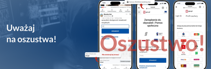 Trzy smartfony pokazujące ekrany ostrzegające przed oszustwami internetowymi. Na jednym z ekranów napis „Oszustwo!” widoczny na czerwono. W tle półprzezroczysty tekst: „Uważaj na oszustwa!”.