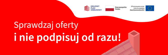 Plakat informujący o niepodpisywaniu umów dotyczących pomp ciepła bez konsultacji. Zawiera ostrzeżenia, grafikę z pompą ciepła i nagłówek: "Sprawdzaj oferty i nie podpisuj od razu!" oraz adres strony czystepowietrze.gov.pl.