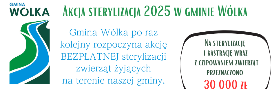 Siedem zwierząt siedzi na białym tle, każde trzyma tabliczki z informacjami o bezpłatnej sterylizacji w gminie Wólka. Pieski i kotki zachęcają do udziału w akcji, na którą przeznaczono 30,000 złotych.