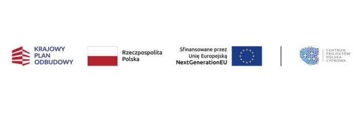 Na obrazie znajdują się logotypy: Krajowego Planu Odbudowy, Rzeczpospolitej Polskiej, Unii Europejskiej, NextGenerationEU oraz Centrum Projektów Polska Cyfrowa na białym tle.