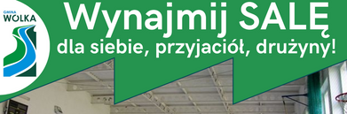 Plakat promujący wynajem sali sportowej z kontaktem do koordynatora. W tle sala gimnastyczna z bramką, piłkami i ścianą wspinaczkową. Na górze napis: "Wynajmij salę dla siebie, przyjaciół, drużyny!".