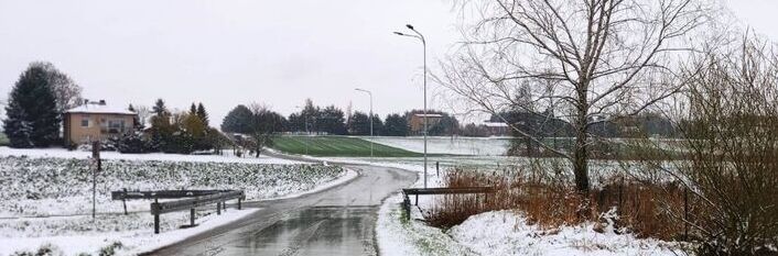 Droga wiejska po opadach śniegu. Asfalt jest mokry, a pobocza pokryte cienką warstwą śniegu. Po lewej stronie widać domy i drzewa, a po prawej bezlistne drzewo. Krajobraz pochmurny.