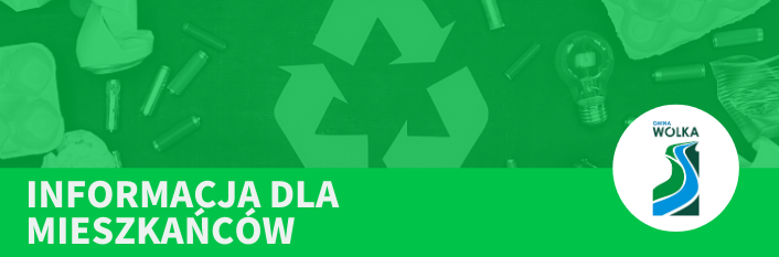 Napis informacja dla mieszkańców logo gmina wólka, w tle śmieci