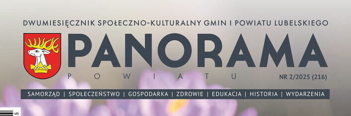 Na zdjęciu widoczny jest żółty krokus rosnący w trawie, na tle fioletowych kwiatów. Na górze okładki napis "Panorama Powiatu", a poniżej znajduje się lista tematów: samorząd, społeczeństwo, gospodarka, zdrowie, edukacja, historia, wydarzenia.