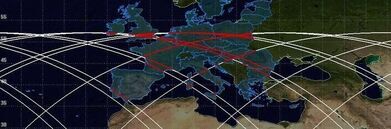 Mapa Europy z zaznaczonymi krajami. Na mapie widnieją czerwone i białe linie, które przecinają kontynent, wskazując na możliwe trasy lub połączenia między różnymi punktami.