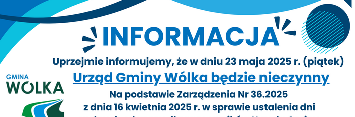 Na grafice widnieje informacja o zamknięciu Urzędu Gminy Wólka 23 maja 2025 roku z powodu dnia wolnego. Zamknięcie wynika z zarządzenia z 16 kwietnia 2025 roku. W tle niebieskie wzory i logo gminy.