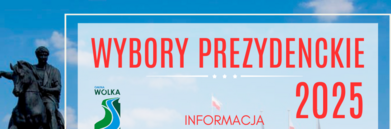 Pomnik konny przed pałacem Prezydenckim. Na górze napis: "Wybory Prezydenckie 2025". Poniżej: informacja o sposobie głosowania oraz warunkach ważności głosu. W prawym dolnym rogu biało-czerwona wstęga.