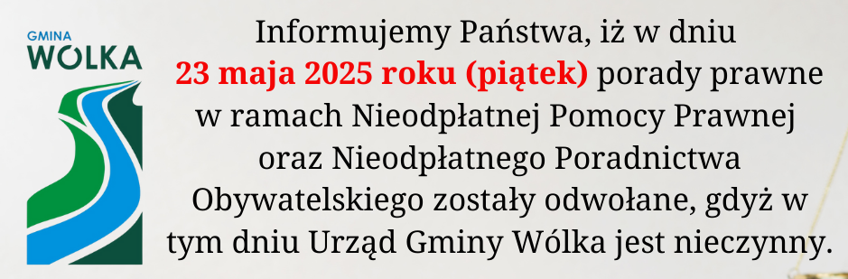Grafika informująca o odwołaniu porad prawnych w dniu 23 maja 2025 roku. Podano kontakt do ustalania nowych terminów i zachęcono do korzystania z bezpłatnego wsparcia. W tle widoczne są książki i stempel.