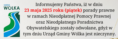 Grafika informująca o odwołaniu porad prawnych w dniu 23 maja 2025 roku. Podano kontakt do ustalania nowych terminów i zachęcono do korzystania z bezpłatnego wsparcia. W tle widoczne są książki i stempel.