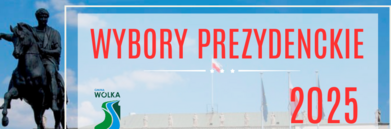 Plac z pomnikiem na koniu przed pałacem. Na grafice napis: "WYBORY PREZYDENCKIE 2025", "bezpłatny transport", i "II TURA, 1 czerwca br.". Na dole biało-czerwona wstęga.