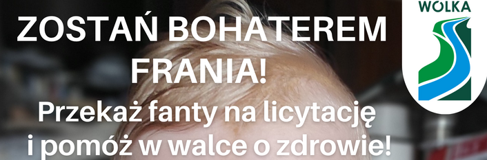 Na zdjęciu małe dziecko uśmiecha się, siedząc na kocu. Obok widnieje napis zachęcający do przekazania przedmiotów na licytację charytatywną, aby pomóc dziecku o imieniu Franio, wraz z informacjami kontaktowymi.