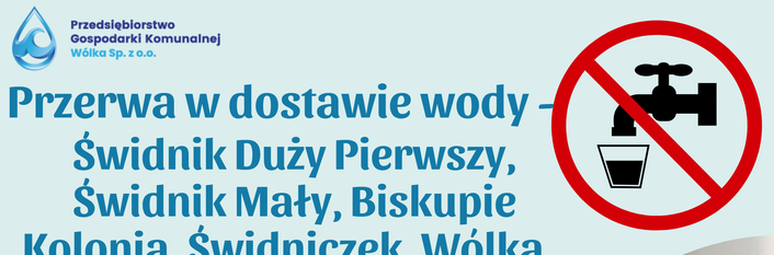 Ogłoszenie o przerwie w dostawie wody w określonych miejscowościach. Data: 29.05.2025 r. Przerwa może potrwać do 13:30. Obrazek zawiera grafikę kranu i logo Przedsiębiorstwa Gospodarki Komunalnej.