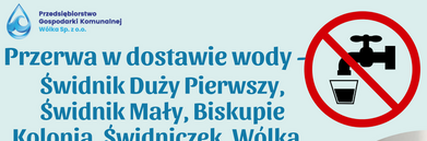 Ogłoszenie o przerwie w dostawie wody w określonych miejscowościach. Data: 29.05.2025 r. Przerwa może potrwać do 13:30. Obrazek zawiera grafikę kranu i logo Przedsiębiorstwa Gospodarki Komunalnej.