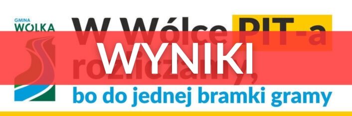 Plakat z napisem "Wyniki" w kontekście gry zespołowej. W tle napis "W Wólce PIT-a rozliczamy" i logo gminy Wólka z grafiką przedstawiającą trzy czerwone kreski.