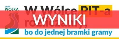 Plakat z napisem "Wyniki" w kontekście gry zespołowej. W tle napis "W Wólce PIT-a rozliczamy" i logo gminy Wólka z grafiką przedstawiającą trzy czerwone kreski.