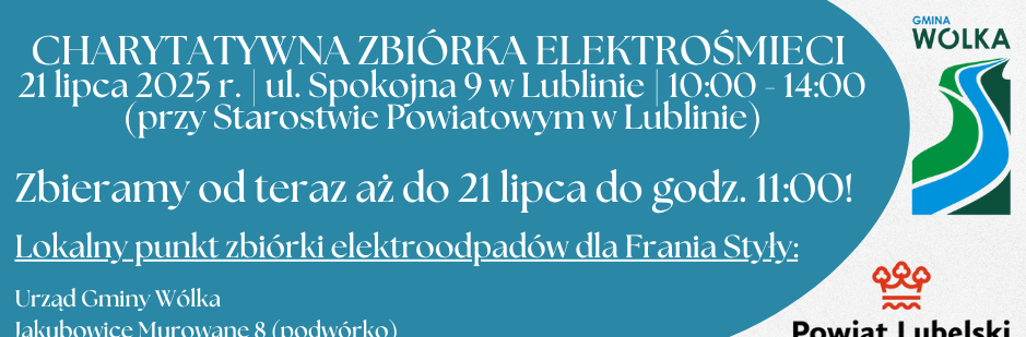 Plakat promujący zbiórkę elektrośmieci. Na zdjęciu mały chłopiec w koszulce w paski; obok urządzenia elektroniczne, herby oraz szczegóły wydarzenia: miejsce, data i godzina.