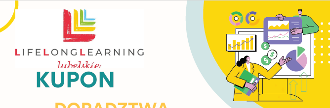 Plakat promocyjny z kuponem doradztwa zawodowego. Zawiera informacje o możliwości testowania pracy w wybranym zawodzie, zdobycia referencji do CV i zwiększenia szansy na rynku pracy. Kolorowa grafika z kodem QR i logo LifeLongLearning.