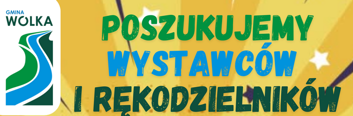 Plakat zapraszający wystawców i rękodzielników na Święto Plonów Gminy Wólka 2025. Data: 7 września 2025, miejsce: Amfiteatr, Jakubowice Murowane 8. Kolorowa grafika z balonami i straganem.