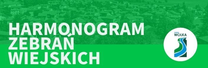 Grafika z logo Gminy Wólka i napis Harmonogram zebrań wiejskich