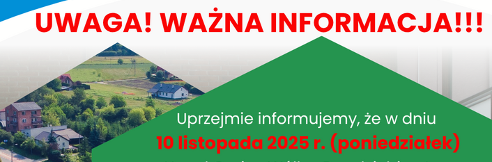 Plakat informujący o zamknięciu Urzędu Gminy Wólka i innych instytucji 10 listopada 2025 r. w godzinach 7:30-15:30. Zawiera zdjęcia wsi, dane kontaktowe, logotyp Wólki i informację o utrudnieniach.
