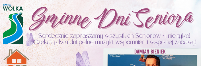 Plakat promujący "Gminne Dni Seniora". Zawiera informacje o terminach i lokalizacjach wydarzeń, takich jak koncerty i potańcówki, oraz zdjęcia artystów. Widoczne są daty: 13 i 14 listopada, a także logotypy gminy i OSP.