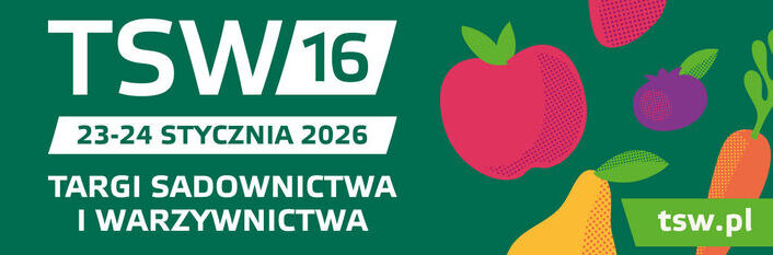 Zielone tło z białym napisem promującym Targi Sadownictwa i Warzywnictwa, odbywające się 23-24 stycznia 2026. Obok napisu ilustracje owoców i warzyw oraz logo tsw.pl.
