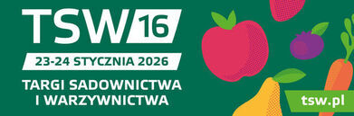Zielone tło z białym napisem promującym Targi Sadownictwa i Warzywnictwa, odbywające się 23-24 stycznia 2026. Obok napisu ilustracje owoców i warzyw oraz logo tsw.pl.