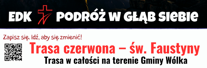 Plakat przedstawia sylwetkę wędrowca na tle dużego księżyca. Tytuł: "EDK - Podróż w głąb siebie". Informuje o wydarzeniu 13 marca 2026 w Turce, o Trasie czerwonej św. Faustyny.