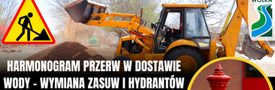 Plakat informacyjny dotyczący przerw w dostawie wody z powodu wymiany zasuw i hydrantów w Łuszczowie Pierwszym i Drugim. Wydarzenie planowane na 13-17 kwietnia 2026 r., w godzinach 9:00-16:00. Zawiera dane kontaktowe.