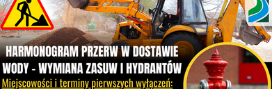 Na zdjęciu znajduje się informacja o przerwach w dostawie wody w dniach 16-17 kwietnia 2026 r., związanych z wymianą zasuw i hydrantów. W tle koparka, znak roboty drogowe i zdjęcia hydrantów.