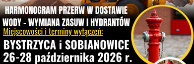 Plakat informujący o przerwach w dostawie wody z powodu wymiany zasuw i hydrantów w Bystrzycy i Sobianowicach, od 26 do 28 października 2026 roku. Obok zdjęcie czerwonego hydrantu.