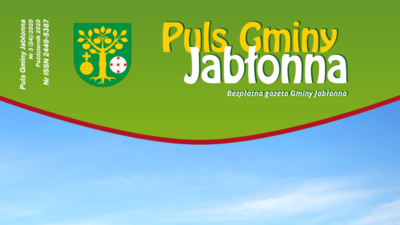Okładka gazety Puls Gminy Jabłonna: logo gazety i herb na zielonym tle, na dole fragment zdjęcia nieba.