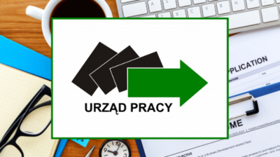 Logo Urząd Pracy na tle biurka