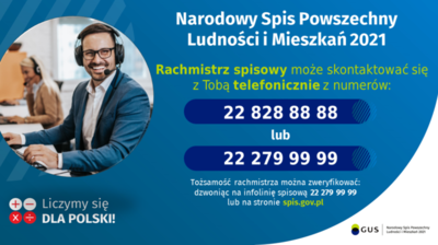 Grafika Narodowy spis powszechny ludności i mieszkań 2021, rachmistrz spisowy może skontaktować się z tobą telefonicznie z numerów 22 828 88 88 lub 22 279 99 99.