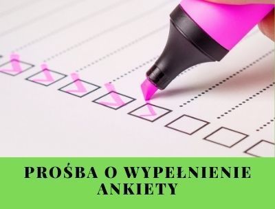 Różowy marker zaznaczający odpowiedzi na kartce, napis prośba o wypełnienie ankiety