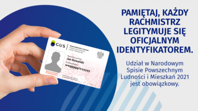 ręka trzymająca legitymacje, tekst pamiętaj, każdy rachmistrz legitymuje się oficjalnym identyfikatorem