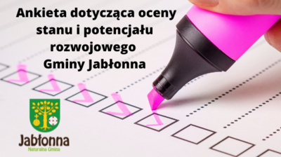 Marker wypełniający ankietę, tekst ankieta dotycząca oceny stanu potencjału rozwojowego Gminy Jabłonna, herb Gminy Jabłonna